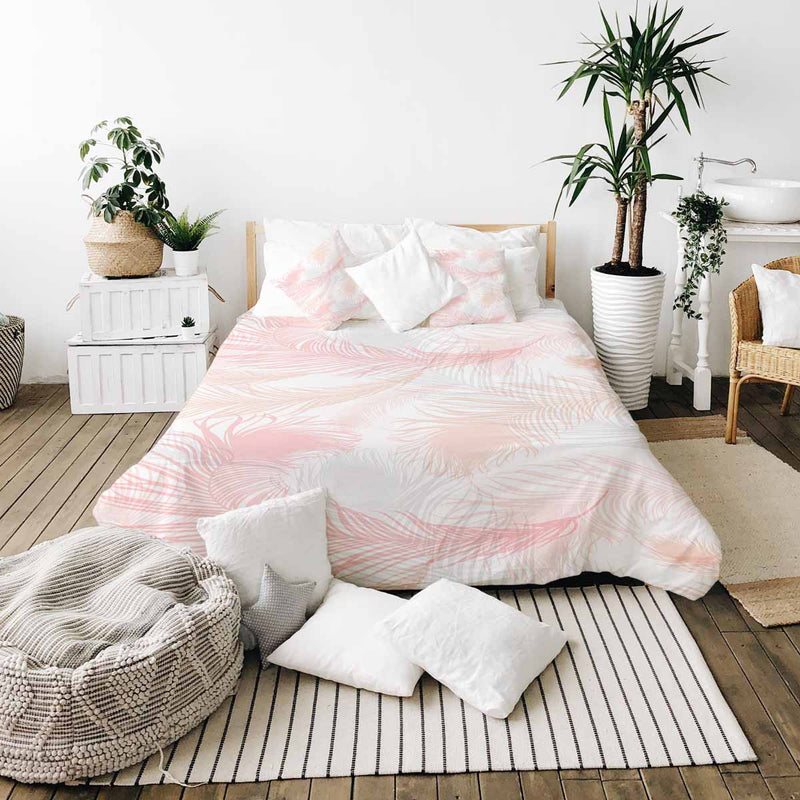 Therapiedecken Bettwäschen Set Weiß mit rosa Federn